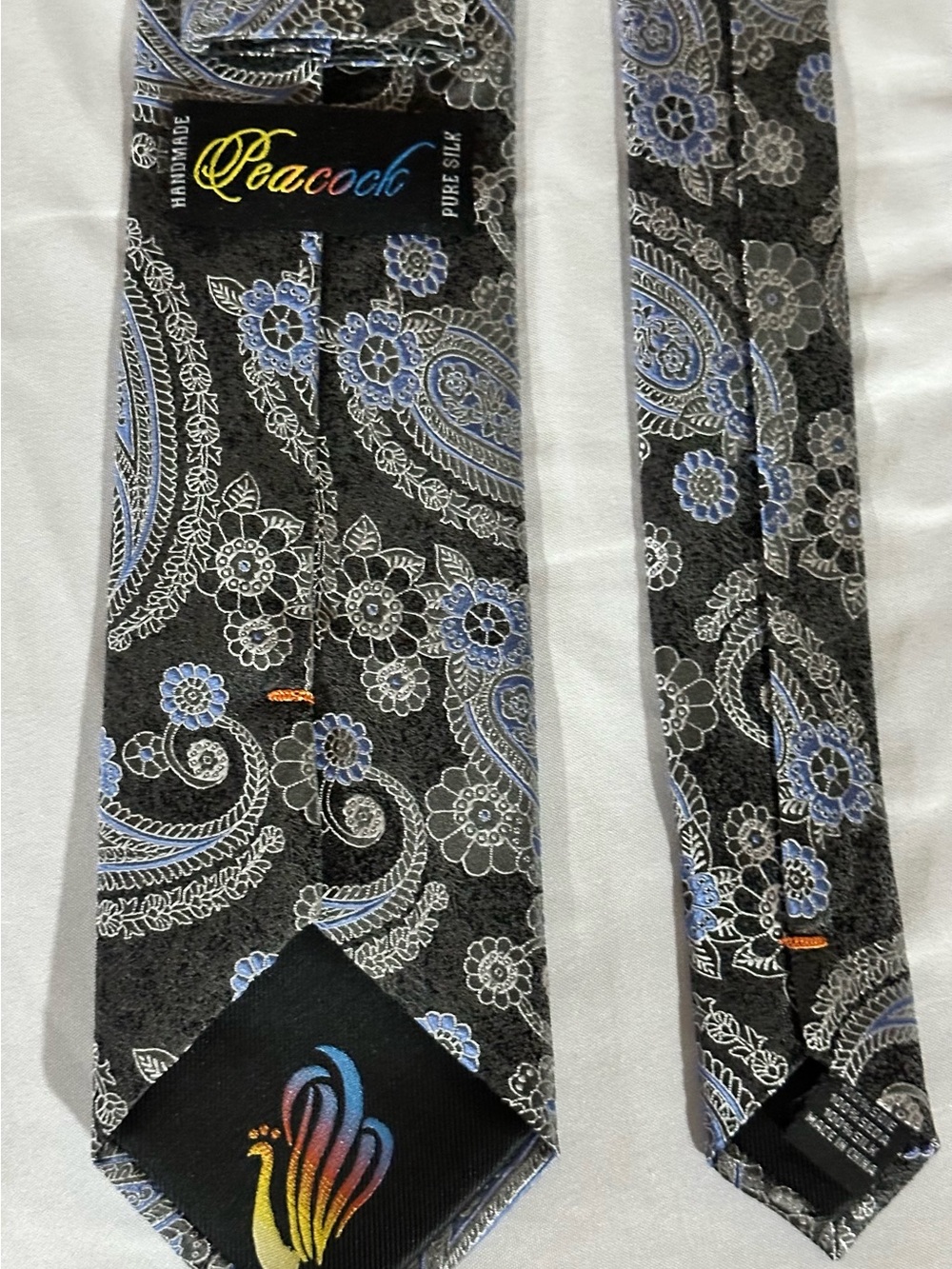 Men's Peacock 100% Silk Handmade Black and Blue Paisley Tie